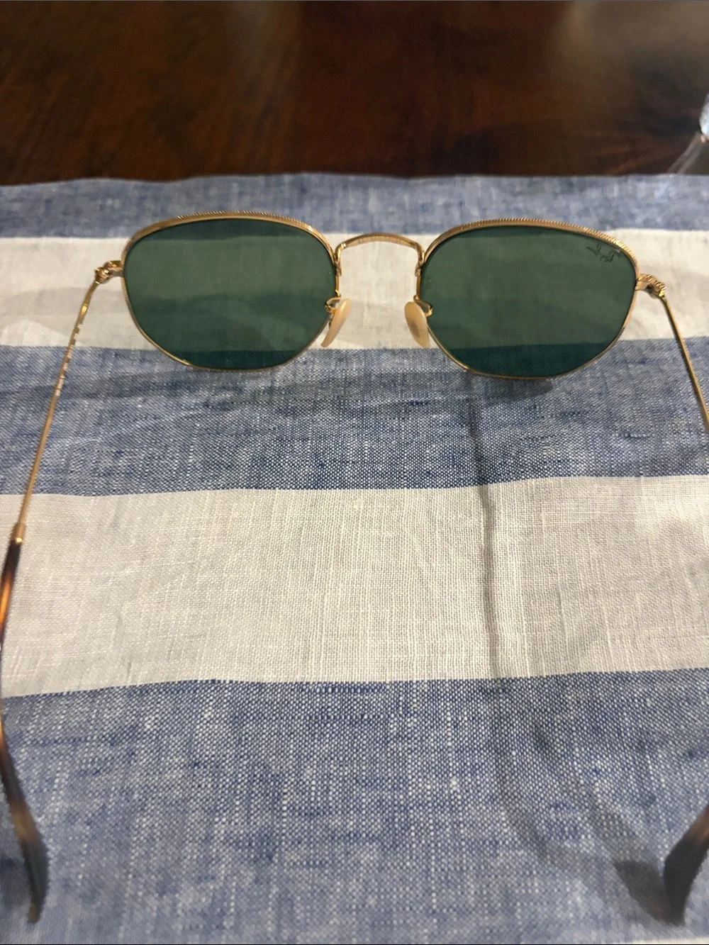 RAY ban sunglasses, hexagonal shape, gold with green lenses.  No case available